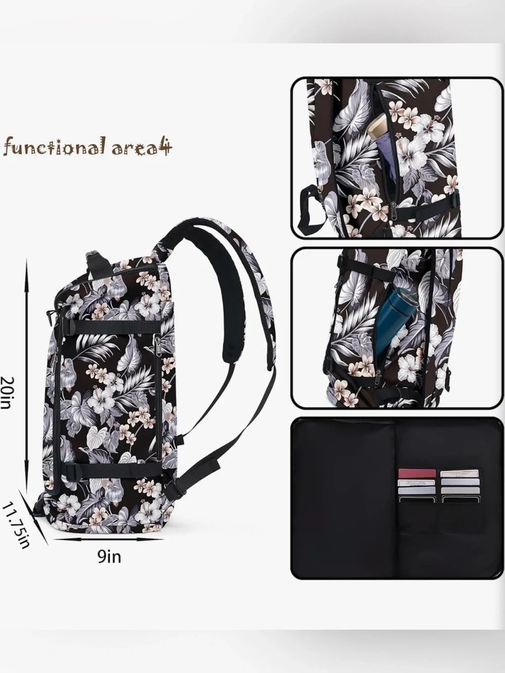Black Floral Multi Purpose Travel Backpack Convertible